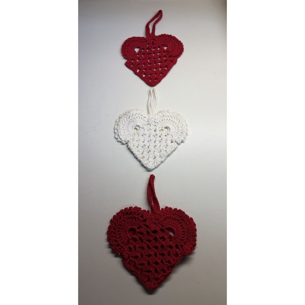 Vintage Hand Crocheted Heart Sachet Ornaments Red White Hanging Decor Lot of 3